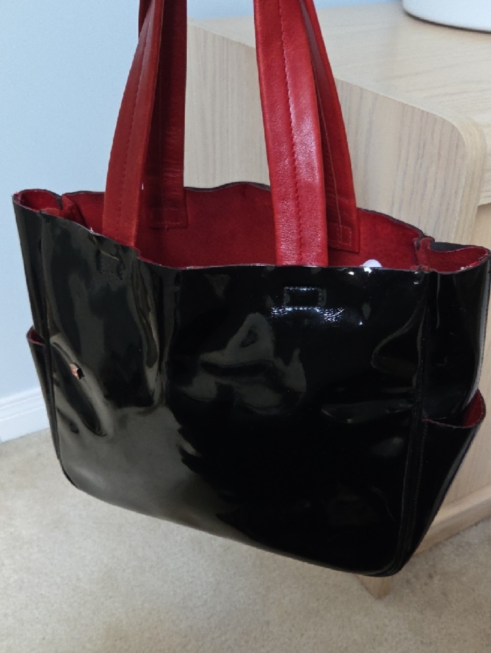 Vintage Bally Black Patent Tote & Red Interior & Handles